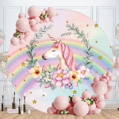 Aperturee Rainbow And Pink Floral Unicorn Round Birthday Backdrop