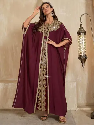 Women's Solid Color Batwing Sleeve Abaya & Dress Two-Piece Set, Modest Casual Long Sleeve Open Front Abaya & Dress with Belt,...