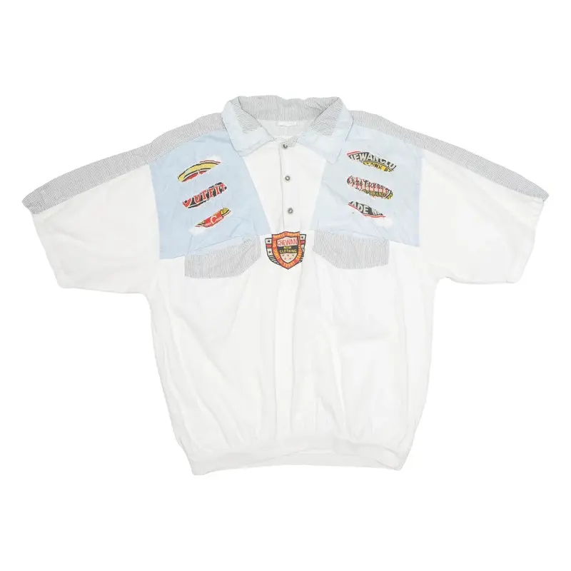 Mens Polo Shirt White Crazy Pattern L