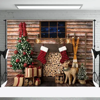 Aperturee Cabin Wood Window Stack Elk Tree Christmas Backdrop - Aperturee