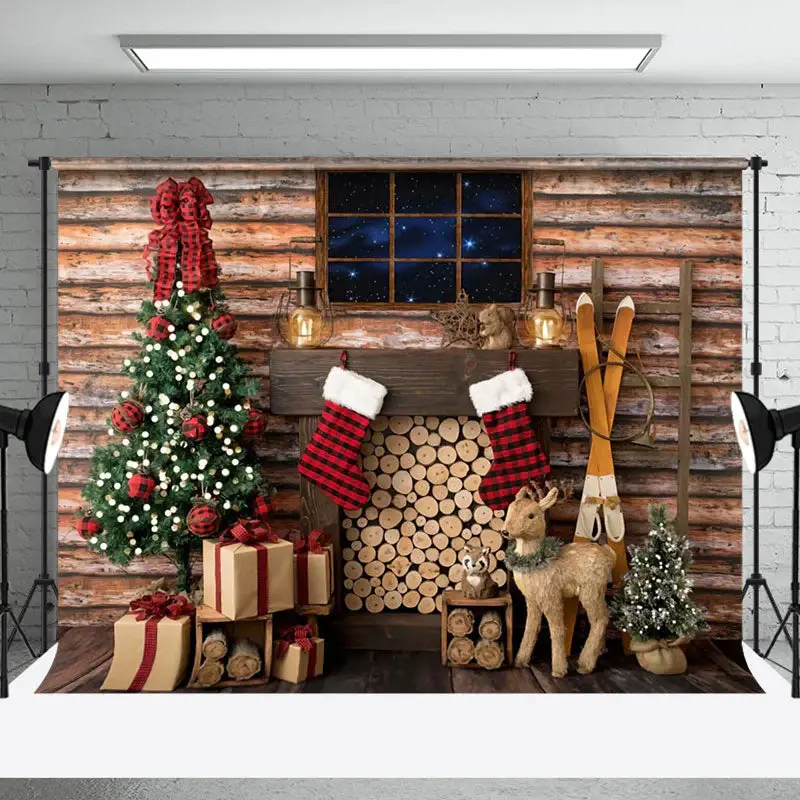 Aperturee Cabin Wood Window Stack Elk Tree Christmas Backdrop - Aperturee