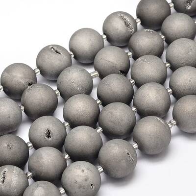 Round Electroplated Natural Druzy Geode Quartz Crystal Beads Strands