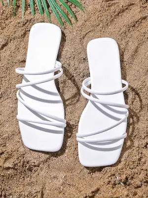 Summer 2024 Thin Strap Square Toe Slide Sandals, Summer Sandals for Women, Simple Matching Fashionable Pu Leather Non-slip Fl...