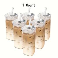 Glass Cup with Lid & Straw, 13oz Square Glass Cup, Reusable Glass Cup, Drinking Glassware for Beer, Tea, Cocktail, Whiskey, J...