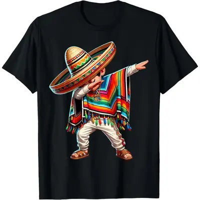 HAGBDH Men's Casual Cotton Graphic Tees T-Shirt with Mexican Sombrero and Poncho Dab Dance Print – Fun Fiesta Vibes Shirt M...