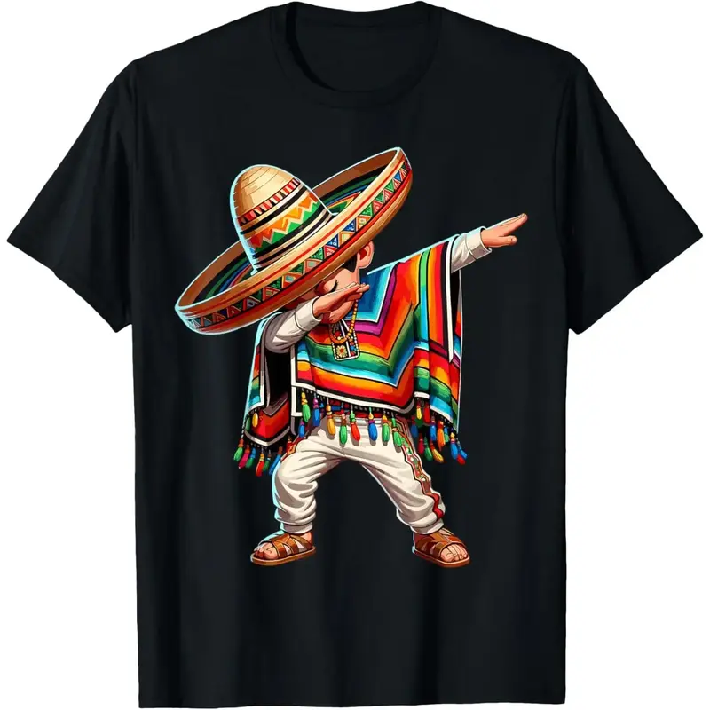 HAGBDH Men's Casual Cotton Graphic Tees T-Shirt with Mexican Sombrero and Poncho Dab Dance Print – Fun Fiesta Vibes Shirt M...