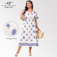 【Plus Size】Curvesoul Bohemian V Neck Maxi Dress for Women – Ruffle Sleeve Blue Floral Print Beach Long Dress with Cinch...