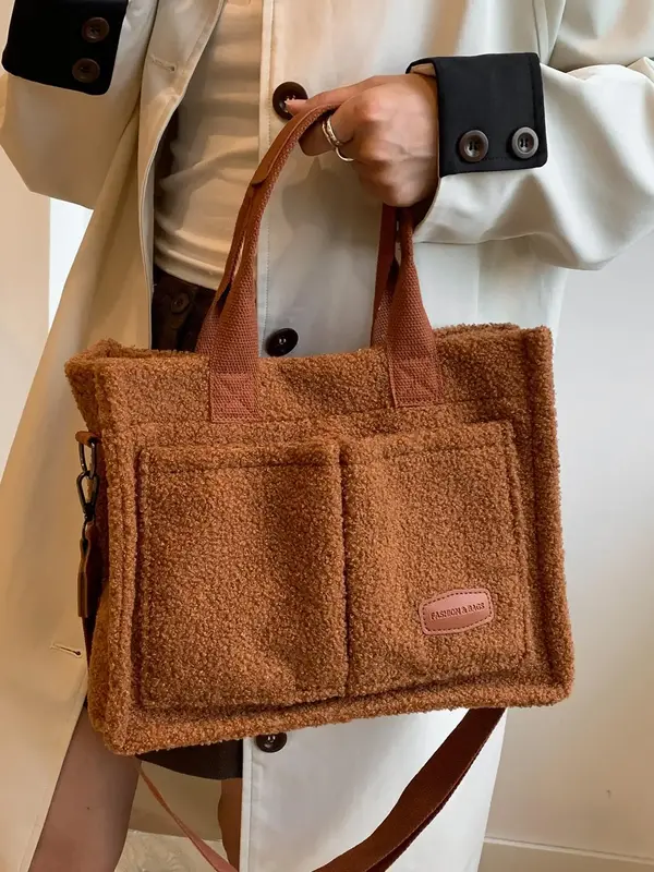 Women's Solid Color Fuzzy Tote Bag, Large Capacity Shoulder Bag for Daily Used, Casual Trendy Versatile High-quality Daily Co...