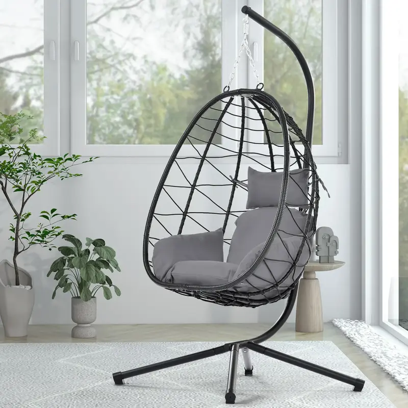 Clearance Sale 350lbs Hanging Egg Chair with Stand – Weather-Resistant Wicker Rattan Swing for Patio, Garden & Balcony