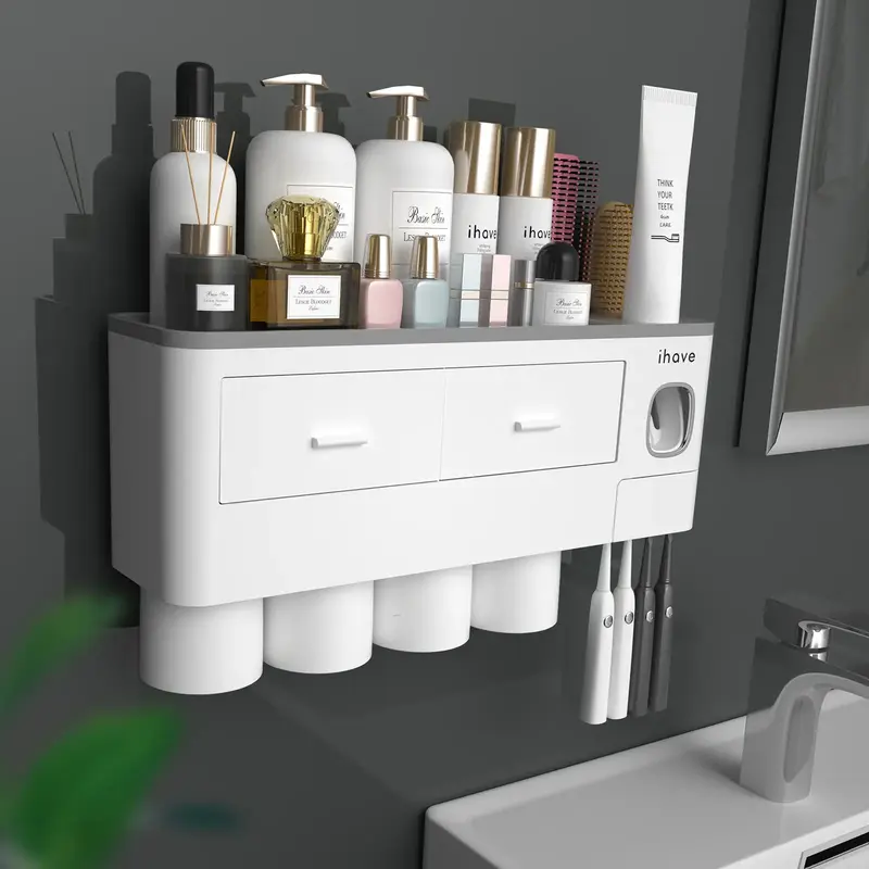 iHave Toothbrush Holders for Bathrooms, Cups Toothbrush Holder Wall Mounted with Toothpaste Dispenser - Large Capacity Tray, ...