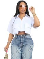 Women's Plain Flap Pocket Button Front Crop Shirt, Casual Short Sleeve Collared Top for Daily Wear, Ladies Clothes for All Se...