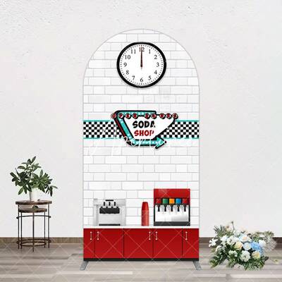 Aperturee Red White Soda Shop Clock Birthday Arch Backdrop, 1.6X4FT(0.5X1.2M), 38.18 USD, arch backdrop kit, GLH0C350-A