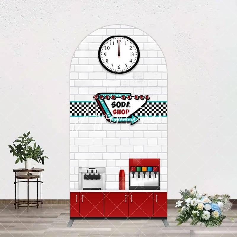 Aperturee Red White Soda Shop Clock Birthday Arch Backdrop, 1.6X4FT(0.5X1.2M), 38.18 USD, arch backdrop kit, GLH0C350-A