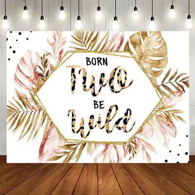 Aperturee Born Two Be Pink Gold Leaves 2Nd Birthday Backdrop