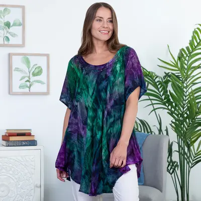 Women's Peacock Short Sleeve Tunic Top - One Size Fits Most Plus