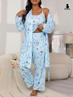【Plus Size】 Floral Print Belted Lounge Robe & Cami Top & Pants Pyjama Set, Casual Pajama Set, Comfy Loungewear Set for Wo...