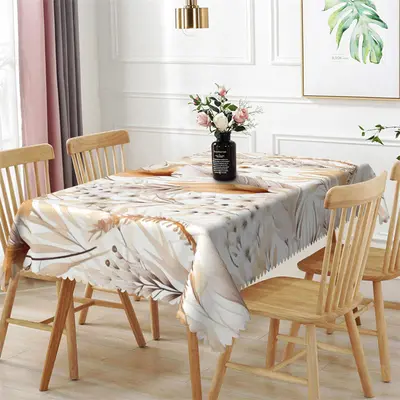 Light Brown Flowers Leaves Rectangle Tablecloth - Aperturee