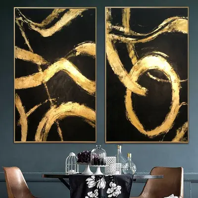Large Abstract Set of 2 Paintings Black Gold Artwork Aesthetic Painting New Apartment Gift Diptych Painting Minimalist Art | ...