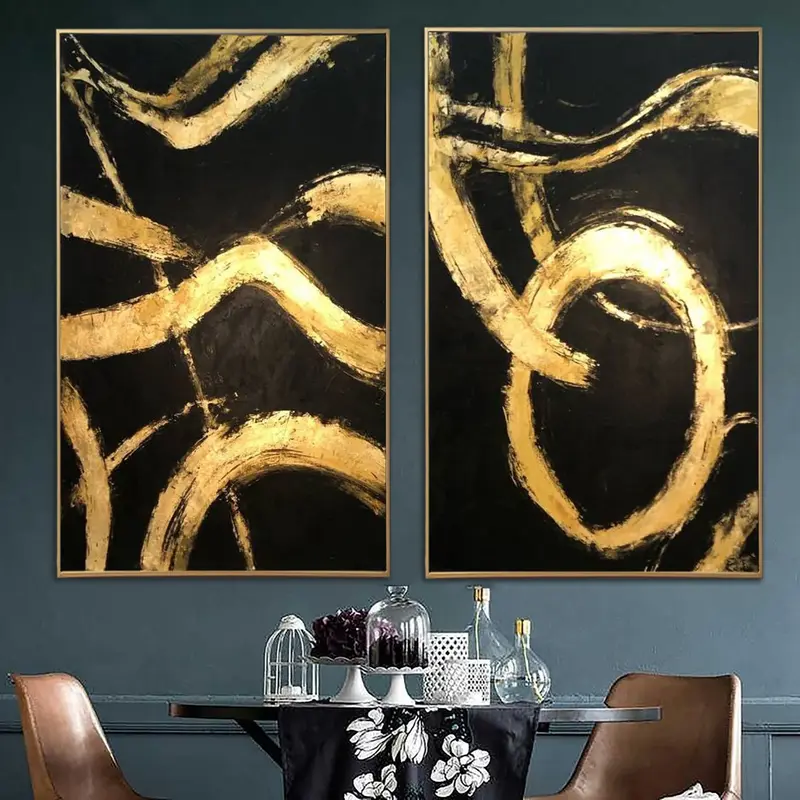 Large Abstract Set of 2 Paintings Black Gold Artwork Aesthetic Painting New Apartment Gift Diptych Painting Minimalist Art | ...