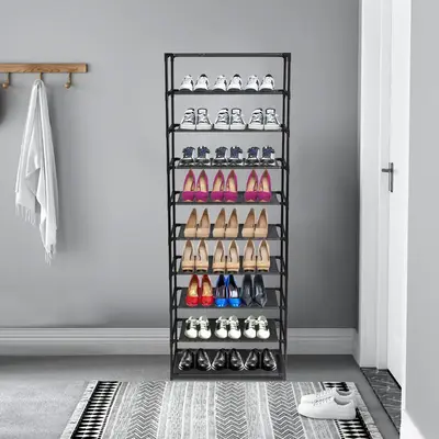 10-Tier Stackable Shoe Rack Storage Shelves - Stainless Steel Frame, Holds 50 Pairs of Shoes, Space-Saving Design, Easy Assem...