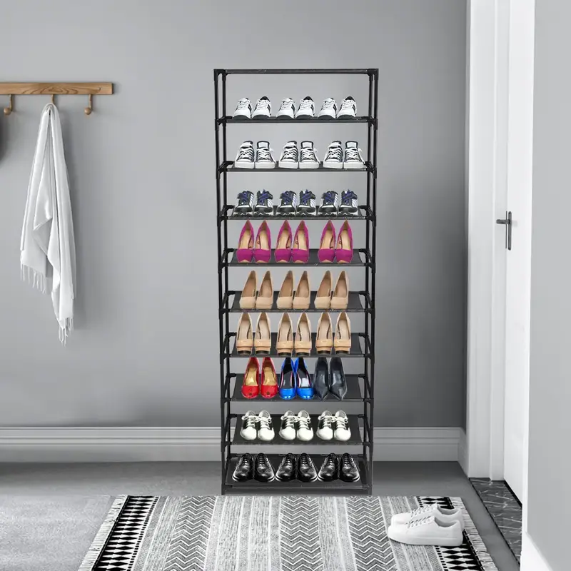 10-Tier Stackable Shoe Rack Storage Shelves - Stainless Steel Frame, Holds 50 Pairs of Shoes, Space-Saving Design, Easy Assem...