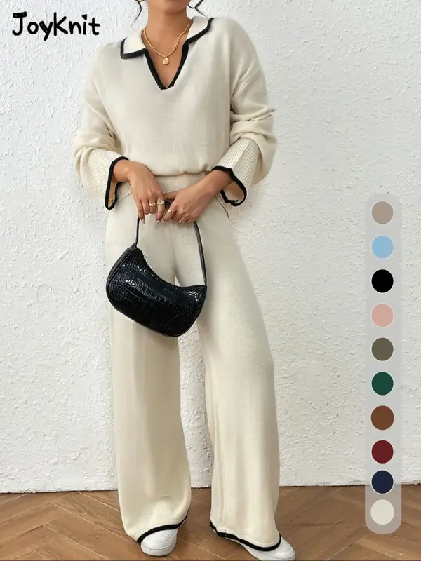 Two-Piece Set Women's Contrast Binding Drop Shoulder Sweater & Straight Leg Pants Set, Casual Fashion Cozy Knitwear Set for D...