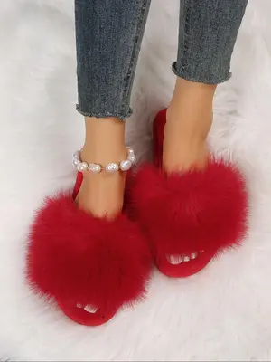 Women's Fashionable Solid Fluffy Slippers, Casual Soft Comfortable Home Slippers for All Season, Silent Anti-slip House Slipp...