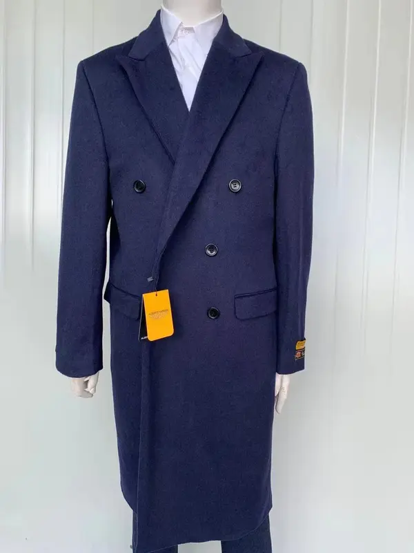 Mens Full Length Wool and Cashmere Overcoat Winter Topcoat Blue Coat