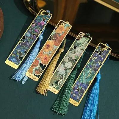 Vintage Flower Pattern Metal Bookmark with Tassel, 4 Counts Hollow Out Book Mark, Book Page Marker, Reading Stationery Gift f...