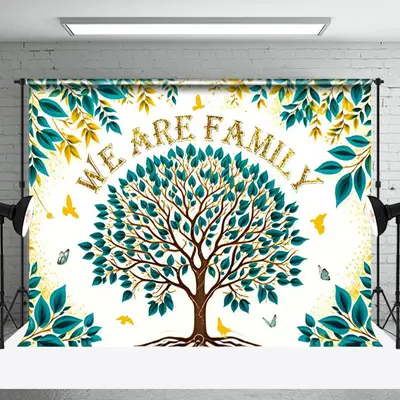 Gold Glitter Green Leaves Tree Family Reunion Backdrop - Aperturee