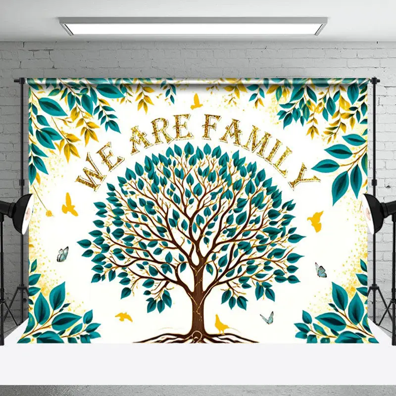 Gold Glitter Green Leaves Tree Family Reunion Backdrop - Aperturee