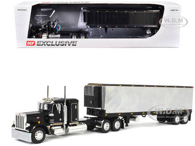 Peterbilt 359 with 36 Flat Top Sleeper and 40 Vintage Refrigerated Trailer Black with Chrome 1/64 Diecast Model by DCP/First ...