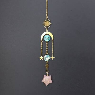 Natural Rose Quartz Star Sun Catcher Hanging Ornaments with Brass Sun