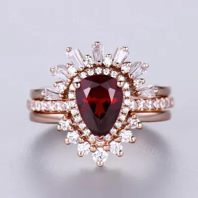 3pcs Pear Garnet Vintage Engagement Ring Wedding Set 1.2 Carat Dimond Band