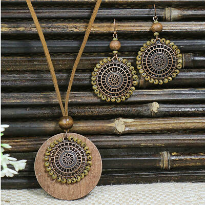 Bohemian Alloy Enamel & Wood Pendant Necklaces & Dangle Earrings Sets