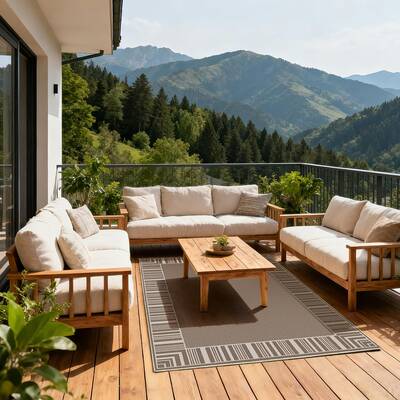 Garvee Striped Bordered Rug 8x10 Washable Polyester Non-Slip Low Pile Durable Stain-Resistant Indoor Outdoor Patio Living Roo...