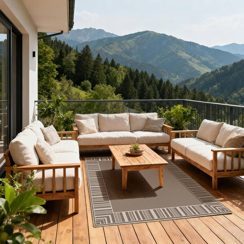 Garvee Striped Bordered Rug 8x10 Washable Polyester Non-Slip Low Pile Durable Stain-Resistant Indoor Outdoor Patio Living Roo...