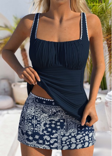 Modlily Contrast Binding Mid Waisted Paisley Print Navy Tankini Set - L