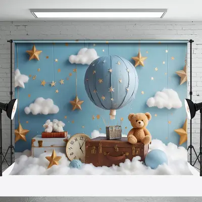 Aperturee Bear Starry Night Hot Air Balloon Cake Smash Backdrop, 3X2FT(1MX0.6M), 14 USD, birthday cake smash backdrops, NYHD1...