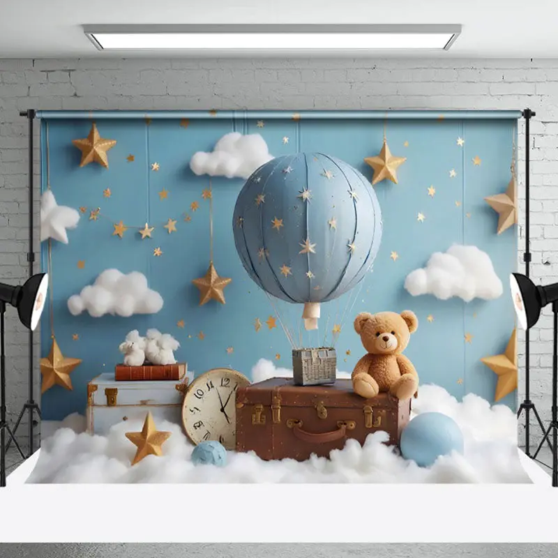Aperturee Bear Starry Night Hot Air Balloon Cake Smash Backdrop, 3X2FT(1MX0.6M), 14 USD, birthday cake smash backdrops, NYHD1...
