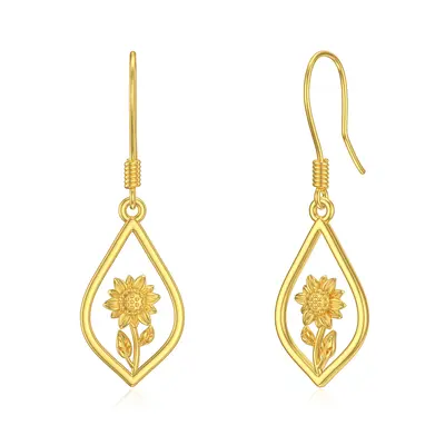 14K Gold Sunflower Drop Earrings for Women