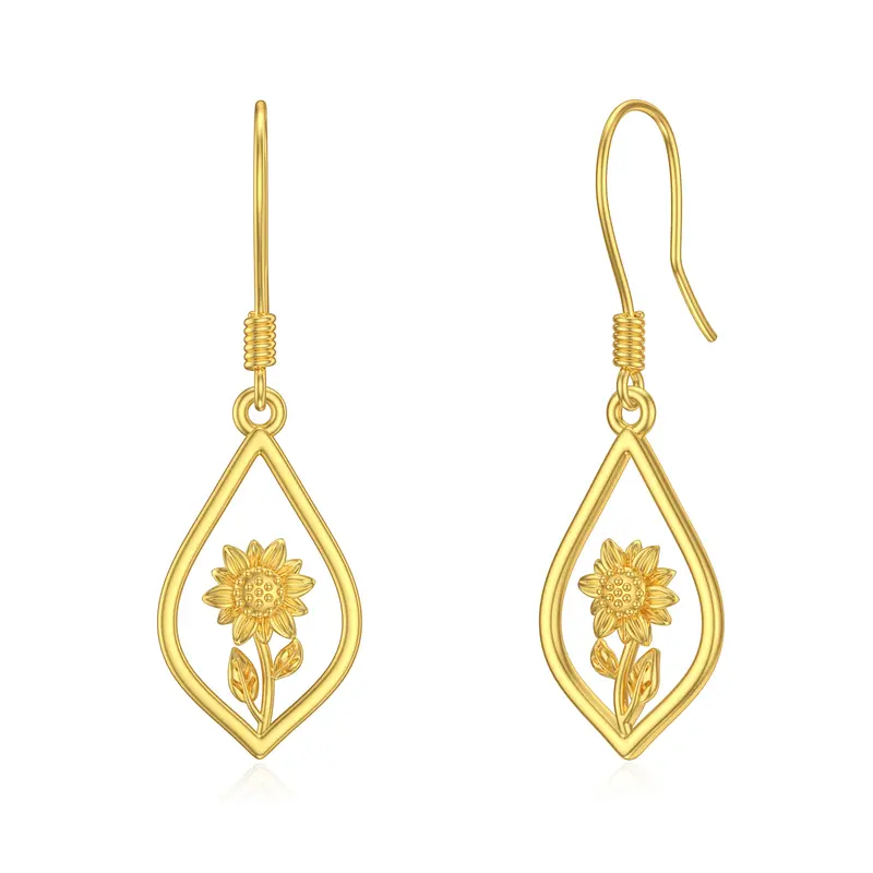 14K Gold Sunflower Drop Earrings for Women