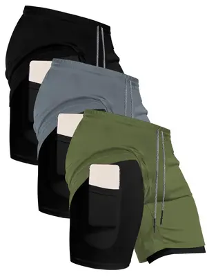 Men's 2 in 1 Colorblock Drawstring Waist Shorts, Regular Fit Casual Pocket Athletic Shorts for Summer, Breathable Men's Botto...