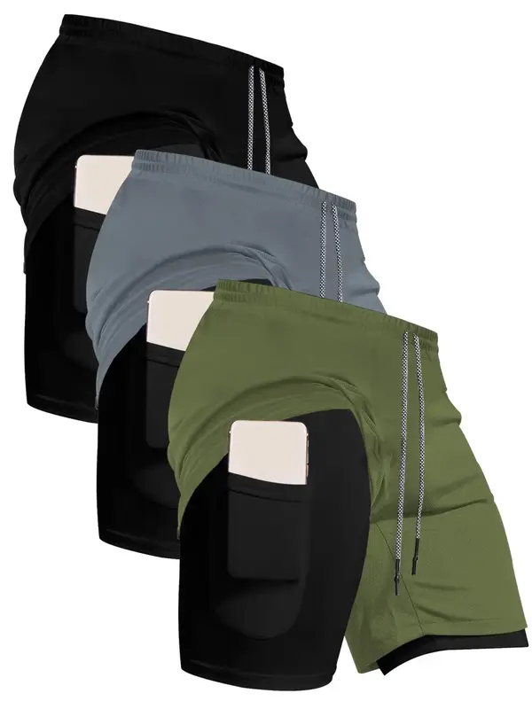 Men's 2 in 1 Colorblock Drawstring Waist Shorts, Regular Fit Casual Pocket Athletic Shorts for Summer, Breathable Men's Botto...