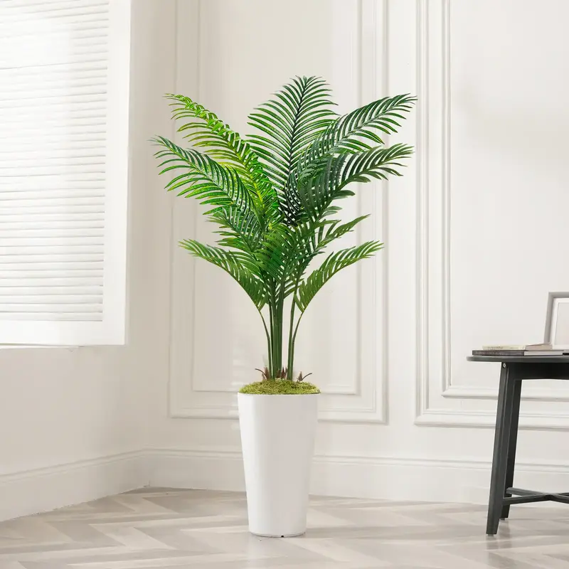 Lifelike 5ft Artificial Palm Tree - Fake Plant with White Tall Pot, Faux Tropical Golden Rattan Palm Tree with Realistic Palm...