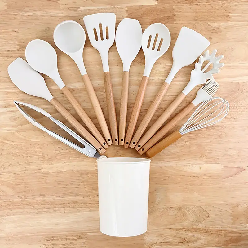 Silicone Cooking Utensil Set, 12pcs/set Modern Heat Resistant Silicone Kitchenware with Wooden Handle, Home Kitchen Gadgets, ...