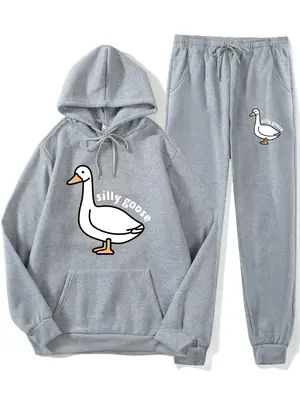 Two Pieces Men's Cartoon Goose Print Drawstring Longsleeves Two Piece Fall Suits Set, Work Clothes for Office, Regular Fit Lo...