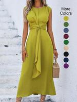 Women's Plain Twist Ribbon Tank Dress, Casual Stylish Elegant Sleeveless Round Neck Midi Dress for Summer, Minimalist Ladies...