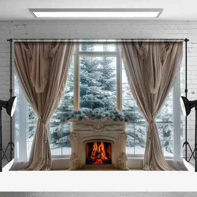 Snowy Trees Fireplace Curtain Window View Backdrop
