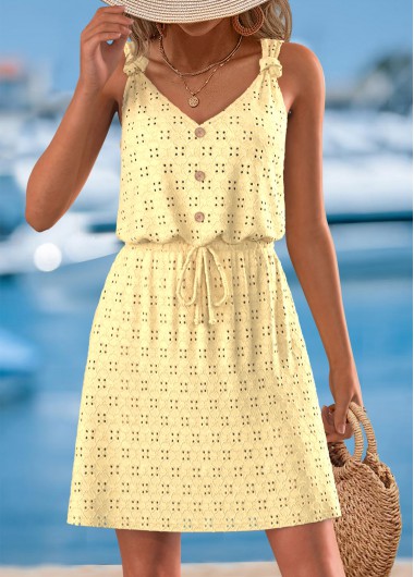 Modlily Yellow Jacquard Short Strappy V Neck Dress - XXL